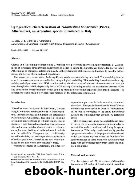Cytogenetical characterization of <Emphasis Type="Italic">Odontesthes bonariensis<Emphasis> (Pisces, Atherinidae), an Argentine species introduced in Italy by Unknown