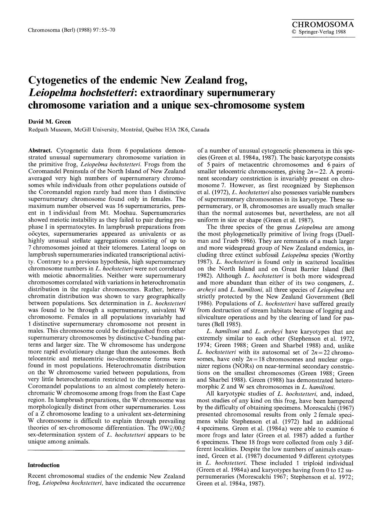 Cytogenetics of the endemic New Zealand frog, <Emphasis Type="Italic">Leiopelma hochstetteri<Emphasis>: extraordinary supernumerary chromosome variation and a unique sex-chromosome system by Unknown