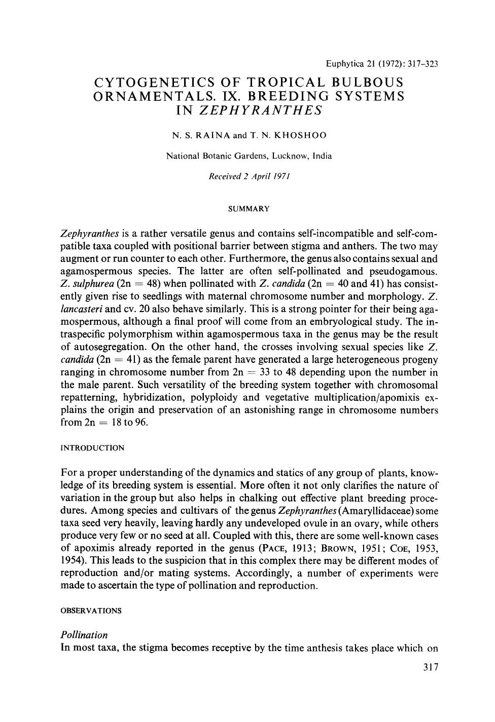 Cytogenetics of tropical bulbous ornamentals. IX. Breeding systems in <Emphasis Type="Italic">Zephyranthes <Emphasis> by Unknown