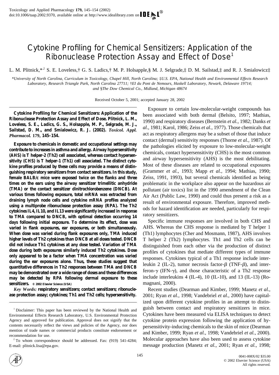 Cytokine Profiling for Chemical Sensitizers: Application of the Ribonuclease Protection Assay and Effect of Dose by Plitnick L. M. et al