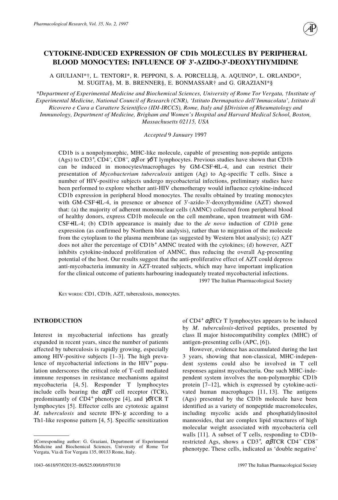 Cytokine-induced Expression of CD1b Molecules by Peripheral Blood Monocytes: Influence of 3'-azido-3'-deoxythymidine by Giuliani A. et al