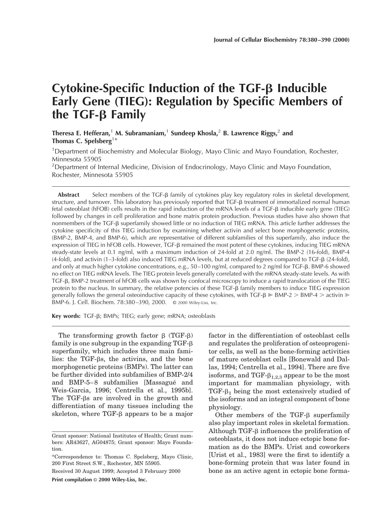 Cytokine-specific induction of the TGF-[beta] inducible early gene (TIEG): Regulation by specific members of the TGF-[beta] family by Unknown