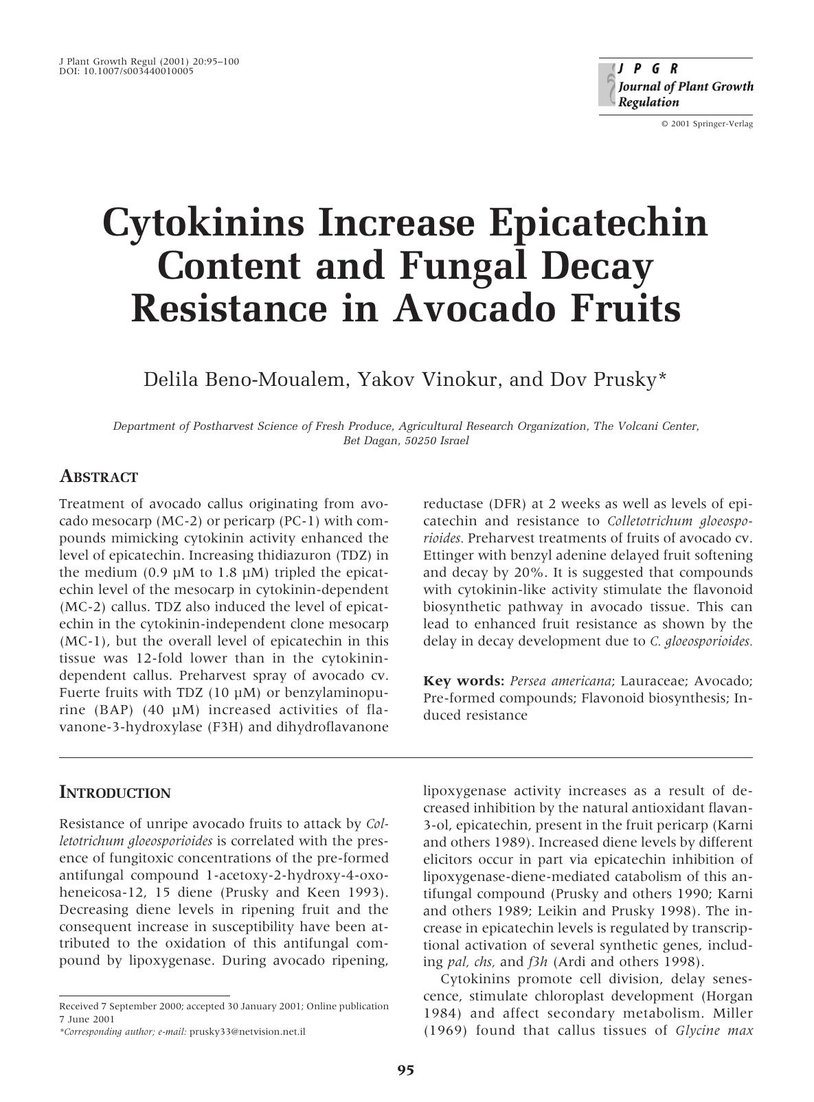 Cytokinins Increase Epicatechin Content and Fungal Decay Resistance in Avocado Fruits by Beno-Moualem D. et al