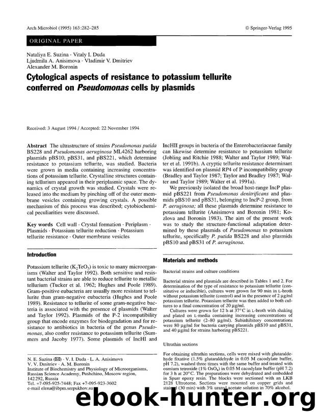 Cytological aspects of resistance to potassium tellurite conferred on <Emphasis Type="Italic">Pseudomonas<Emphasis> cells by plasmids by Unknown