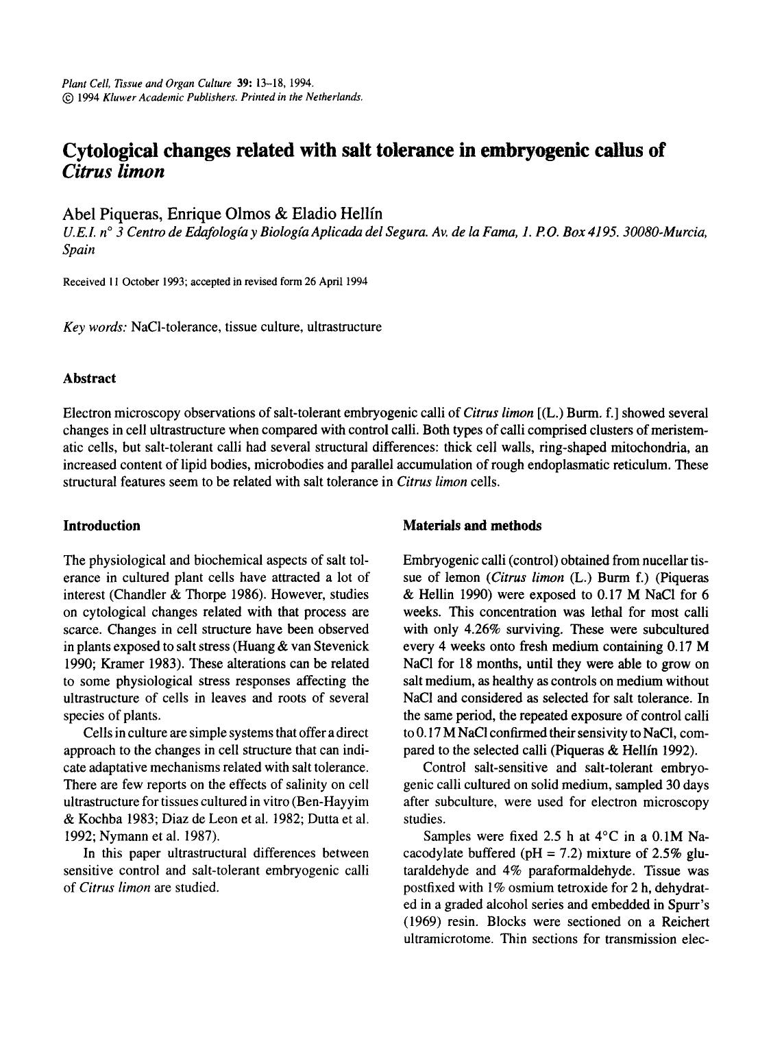 Cytological changes related with salt tolerance in embryogenic callus of <Emphasis Type="Italic">Citrus limon <Emphasis> by Unknown