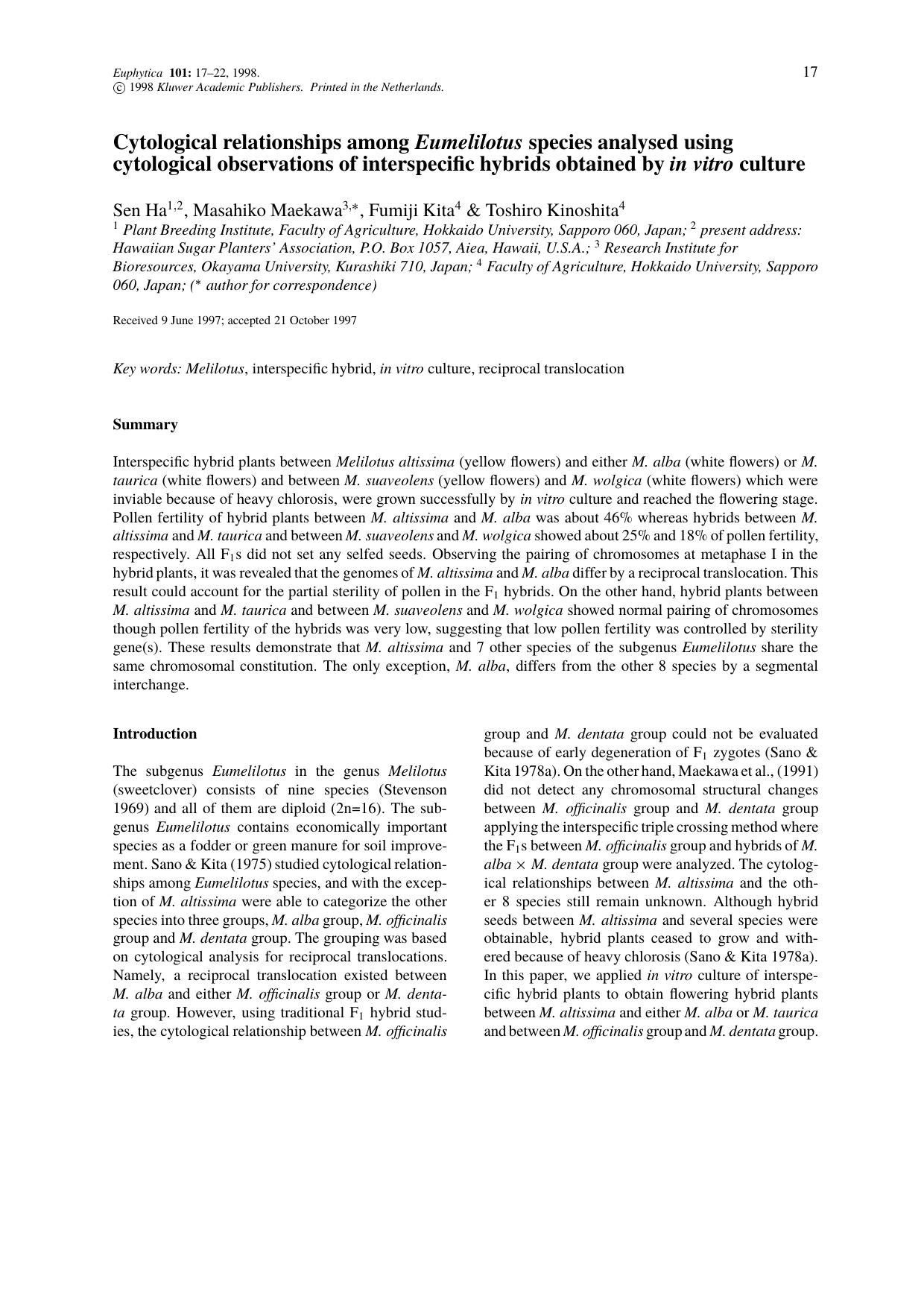 Cytological relationships among Eumelilotus species analysed using cytological observations of interspecific hybrids obtained by in vitro culture by Unknown