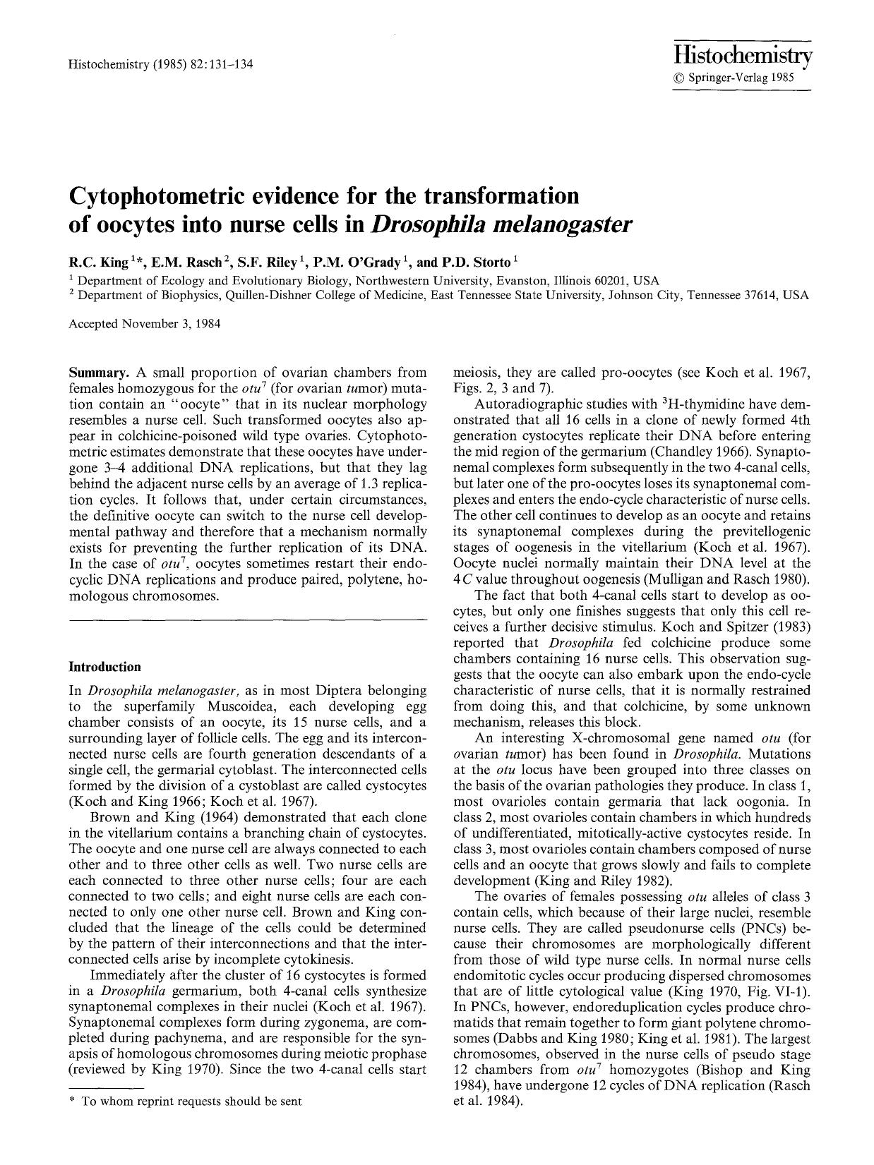 Cytophotometric evidence for the transformation of oocytes into nurse cells in <Emphasis Type="Italic">Drosophila melanogaster <Emphasis> by Unknown