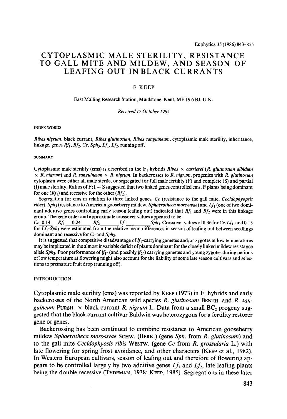Cytoplasmic male sterility, resistance to gall mite and mildew, and season of leafing out in black currants by Unknown