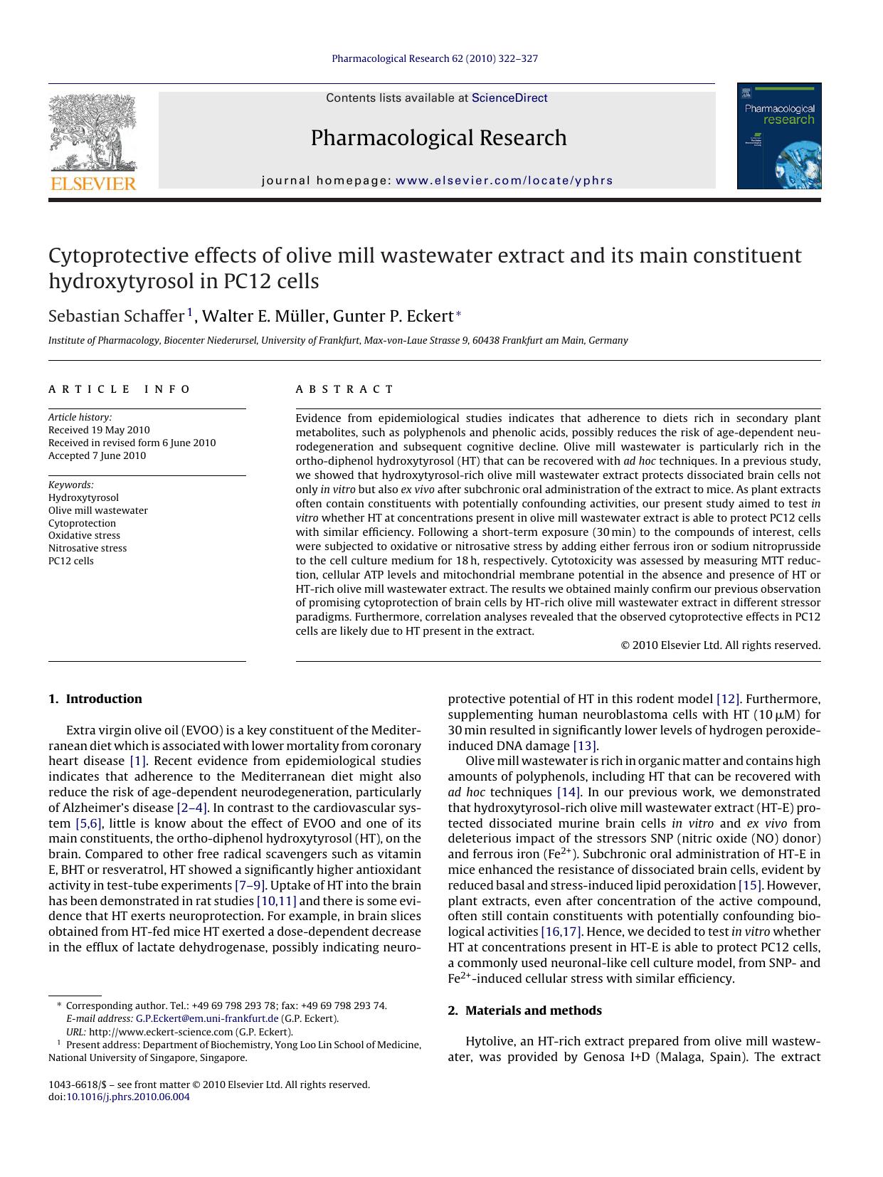 Cytoprotective effects of olive mill wastewater extract and its main constituent hydroxytyrosol in PC12 cells by Sebastian Schaffer & Walter E. Müller & Gunter P. Eckert