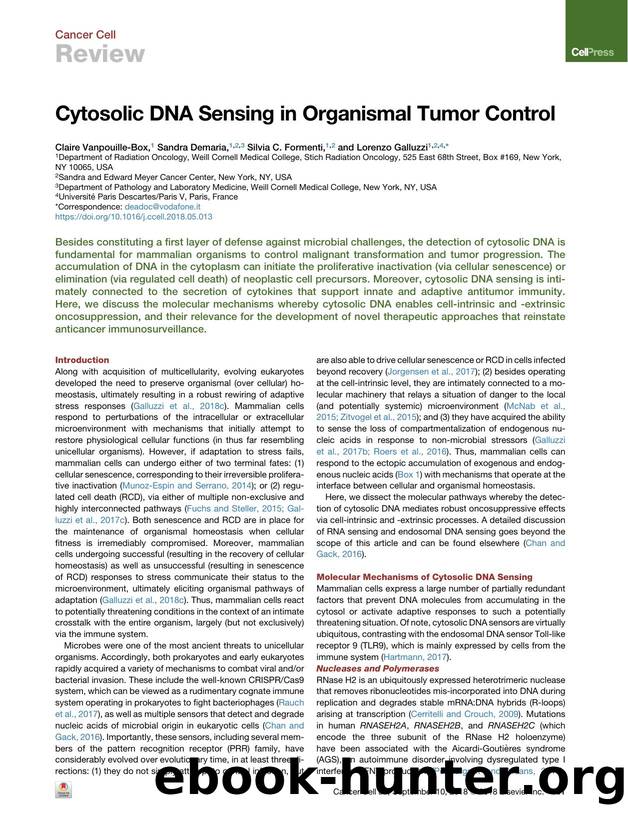 Cytosolic DNA Sensing in Organismal Tumor Control by Claire Vanpouille-Box & Sandra Demaria & Silvia C. Formenti & Lorenzo Galluzzi