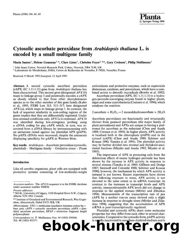 Cytosolic ascorbate peroxidase from <Emphasis Type="Italic">Arabidopsis thaliana<Emphasis> L. is encoded by a small multigene family by Unknown