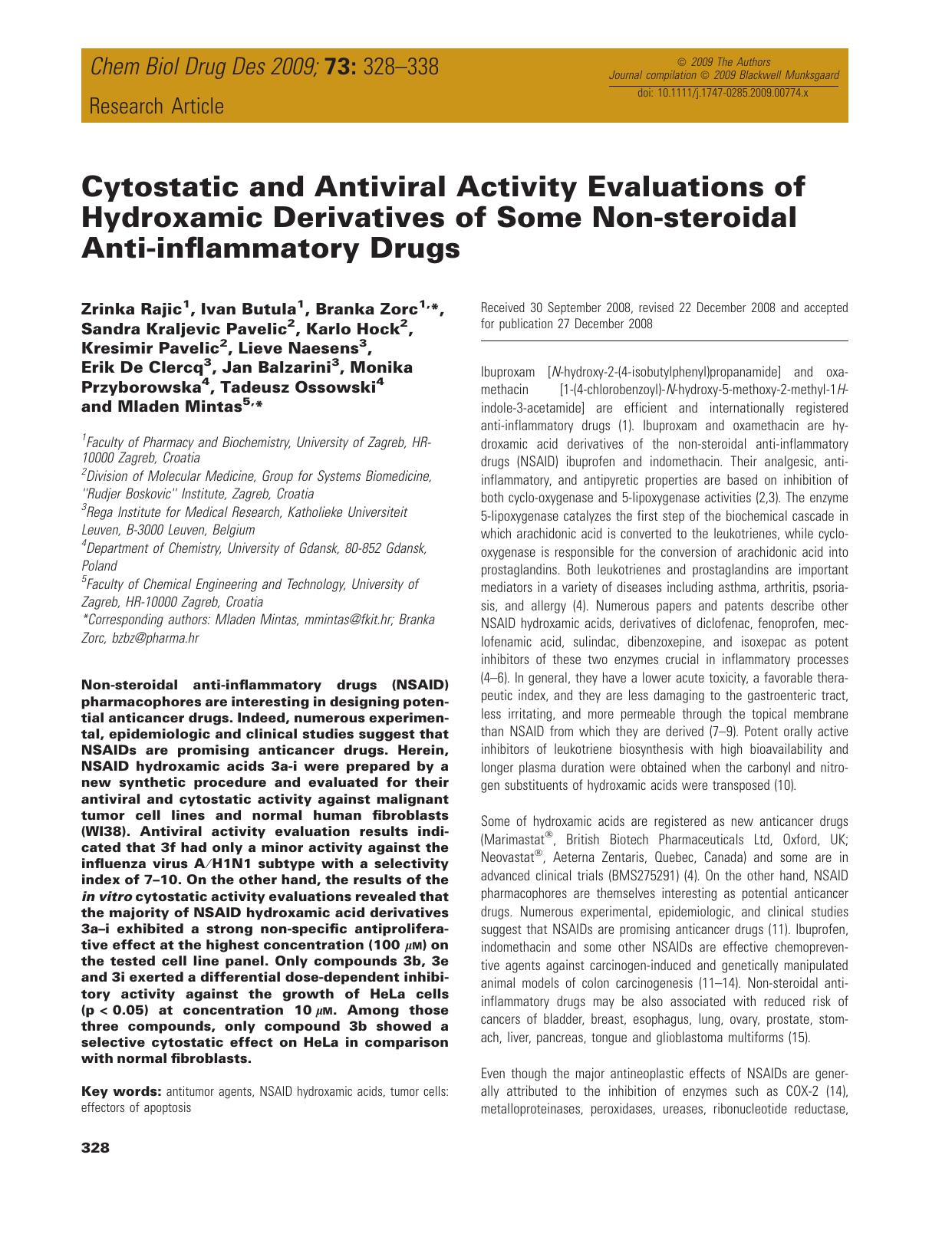 Cytostatic and Antiviral Activity Evaluations of Hydroxamic Derivatives of Some Non-steroidal Anti-inflammatory Drugs by unknow