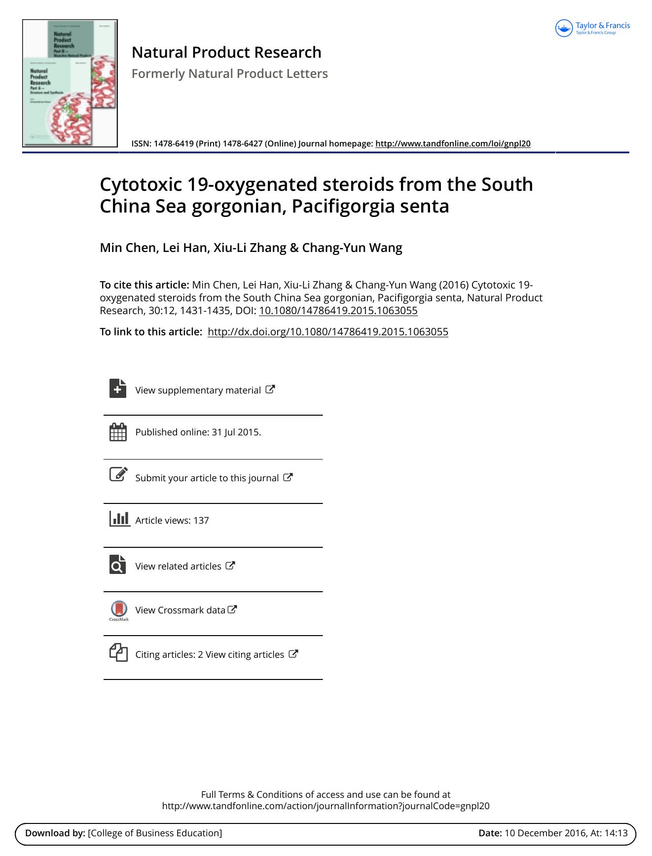 Cytotoxic 19-oxygenated steroids from the South China Sea gorgonian, Pacifigorgia senta by Min Chen & Lei Han & Xiu-Li Zhang & Chang-Yun Wang