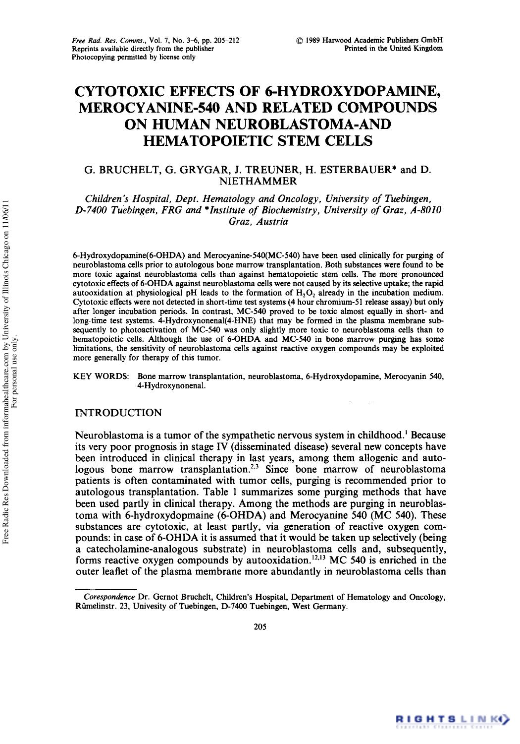 Cytotoxic Effects of 6-Hydroxydopamine, Merocyanine-540 and Related Compounds on Human Neuroblastoma-and Hematopoietic Stem Cells by G. Bruchelt1 G. Grygar1 J. Treuner1 H. Esterbauer2 & D. Niethammer1