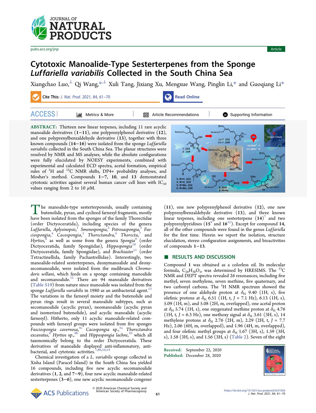 Cytotoxic Manoalide-Type Sesterterpenes from the Sponge Luffariella variabilis Collected in the South China Sea by Xiangchao Luo; Qi Wang; Xuli Tang; Jixiang Xu; Mengxue Wang; Pinglin Li; Guoqiang Li