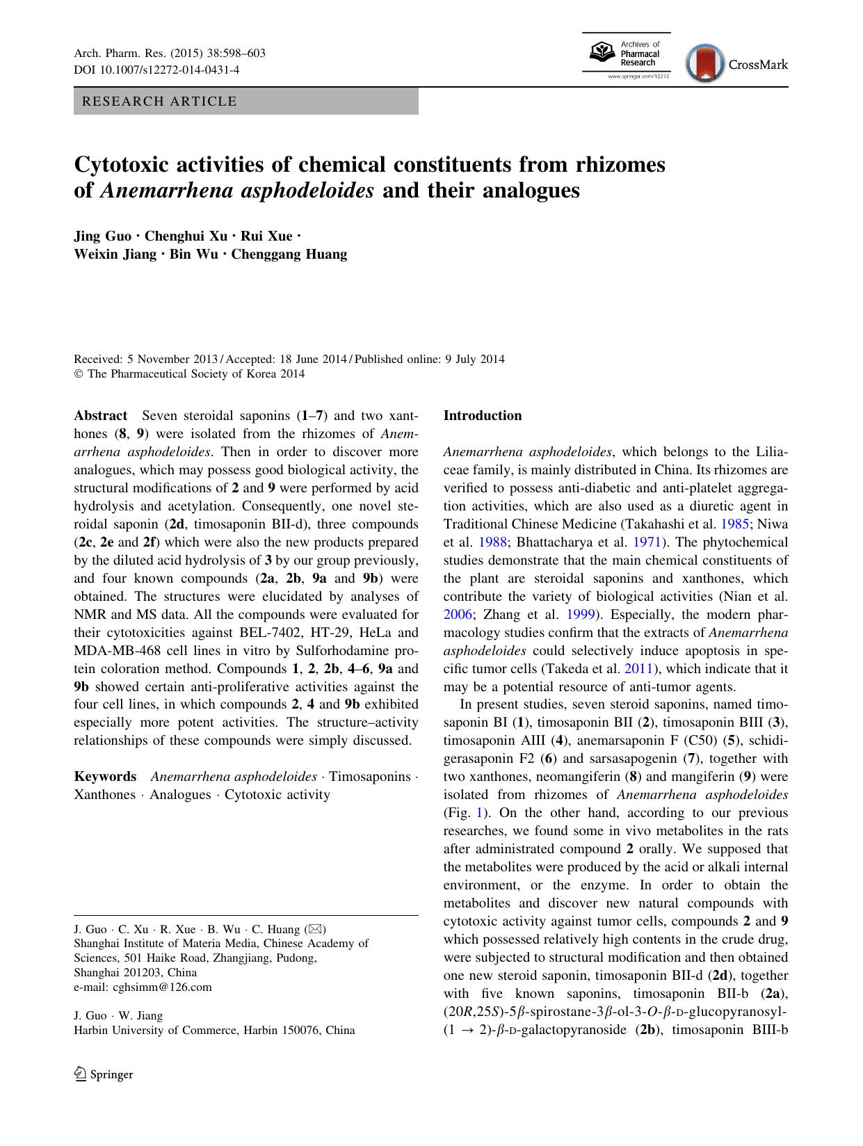 Cytotoxic activities of chemical constituents from rhizomes of Anemarrhena asphodeloides and their analogues by Jing Guo & Chenghui Xu & Rui Xue & Weixin Jiang & Bin Wu & Chenggang Huang