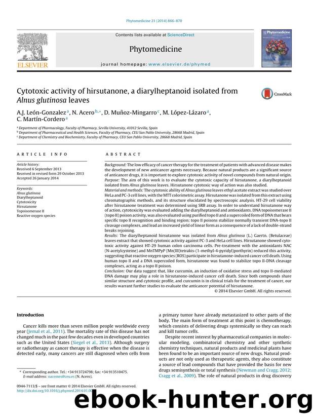 Cytotoxic activity of hirsutanone, a diarylheptanoid isolated from Alnus glutinosa leaves by A.J. León-Gonzalez & N. Acero & D. Muñoz-Mingarro & M. López-Lázaro & C. Martín-Cordero