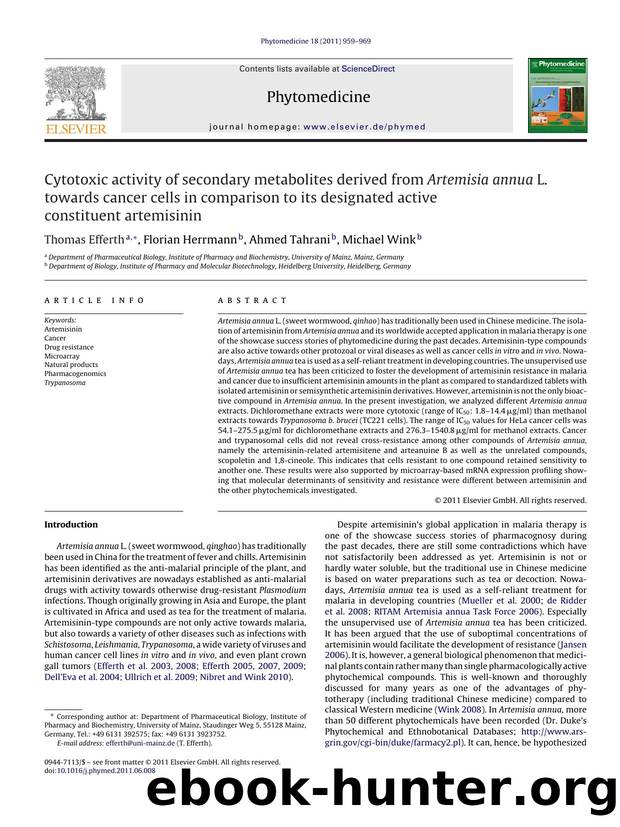 Cytotoxic activity of secondary metabolites derived from Artemisia annua L. towards cancer cells in comparison to its designated active constituent artemisinin by Thomas Efferth