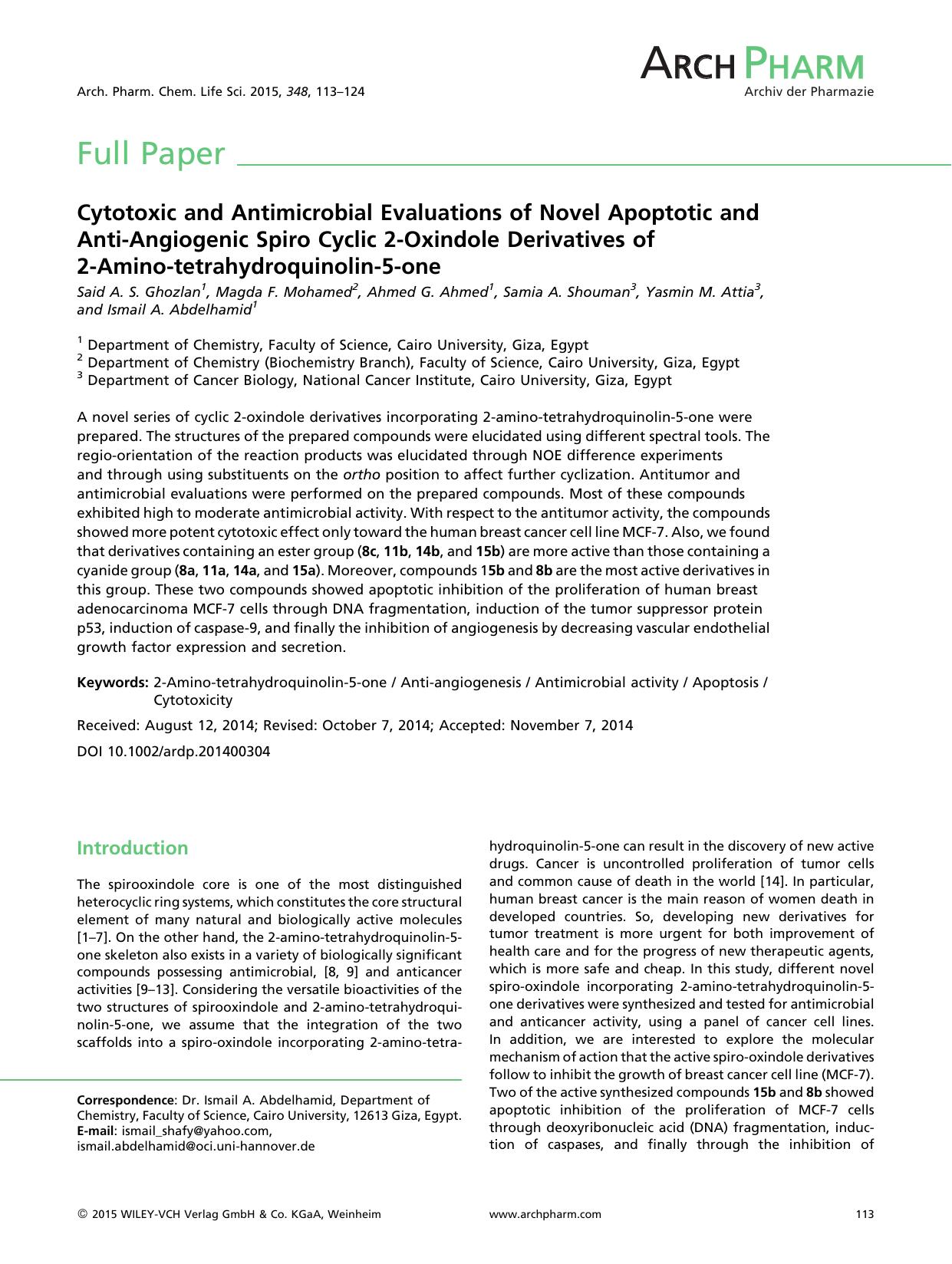 Cytotoxic and Antimicrobial Evaluations of Novel Apoptotic and Anti-Angiogenic Spiro Cyclic 2-Oxindole Derivatives of 2-Amino-tetrahydroquinolin-5-one by Unknown