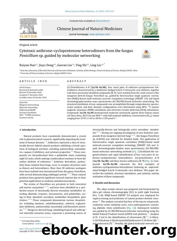Cytotoxic anthroneÃ¢â¬âcyclopentenone heterodimers from the fungus Penicillium sp. guided by molecular networking by Ruiyun Huo & Jiayu Dong & Gaoran Liu & Ying Shi & Ling Liu
