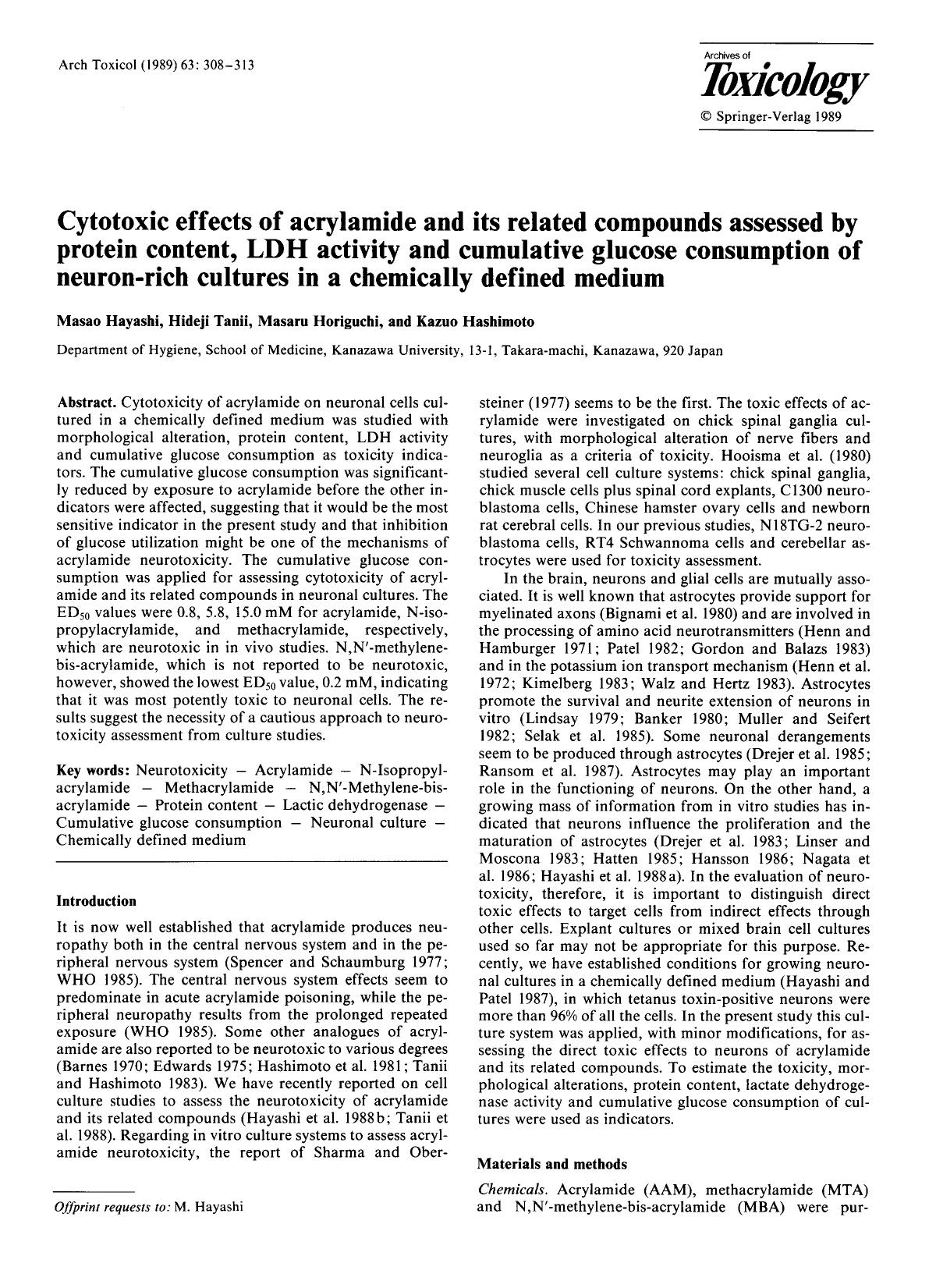 Cytotoxic effects of acrylamide and its related compounds assessed by protein content, LDH activity and cumulative glucose consumption of neuron-rich cultures in a chemically defined medium by Unknown