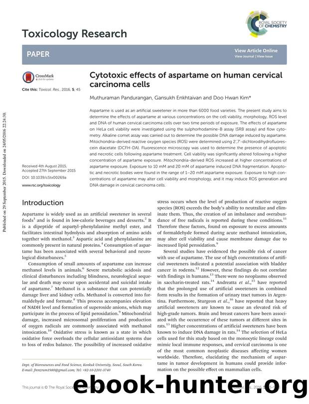 Cytotoxic effects of aspartame on human cervical carcinoma cells by Muthuraman Pandurangan Gansukh Enkhtaivan Doo Hwan Kim