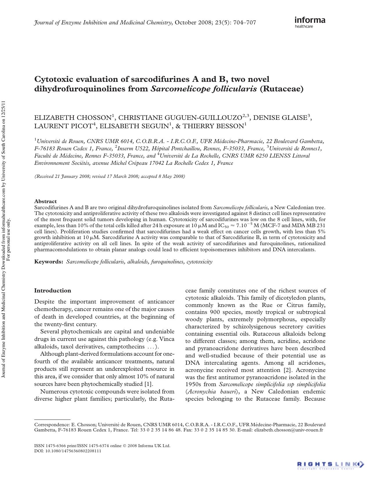 Cytotoxic evaluation of sarcodifurines A and B, two novel dihydrofuroquinolines from Sarcomelicope follicularis (Rutaceae) by unknow
