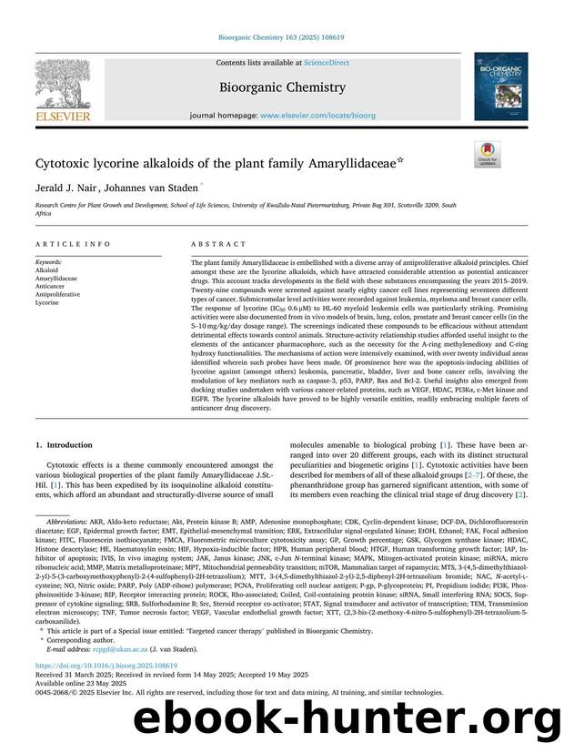 Cytotoxic lycorine alkaloids of the plant family Amaryllidaceae by Jerald J. Nair & Johannes van Staden
