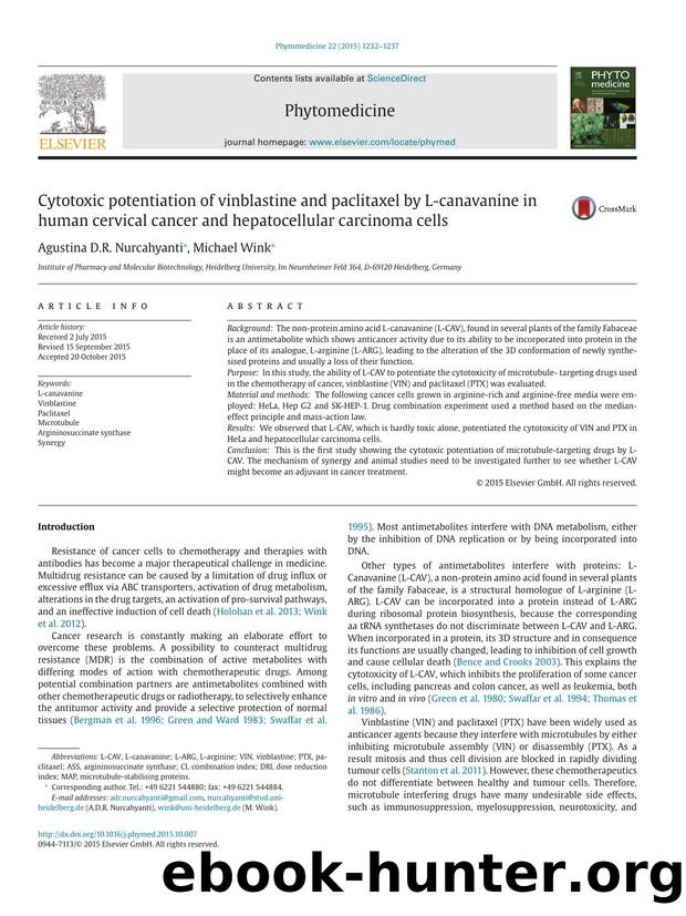 Cytotoxic potentiation of vinblastine and paclitaxel by L-canavanine in human cervical cancer and hepatocellular carcinoma cells by Agustina D.R. Nurcahyanti & Michael Wink
