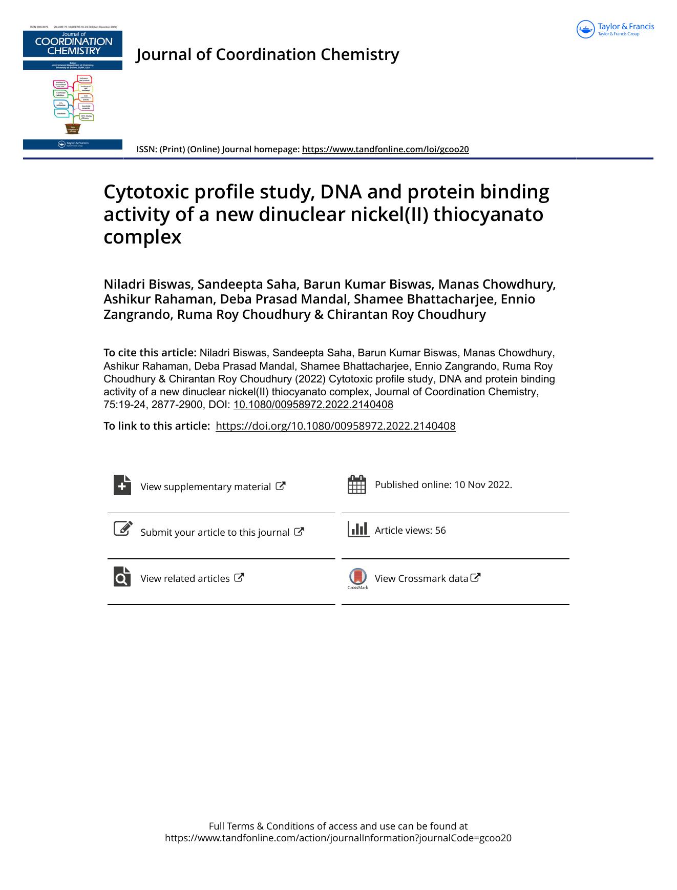 Cytotoxic profile study, DNA and protein binding activity of a new dinuclear nickel(II) thiocyanato complex by unknow
