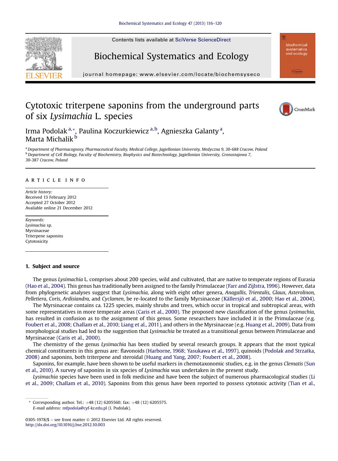 Cytotoxic triterpene saponins from the underground parts of six Lysimachia L. species by Irma Podolak & Paulina Koczurkiewicz & Agnieszka Galanty & Marta Michalik
