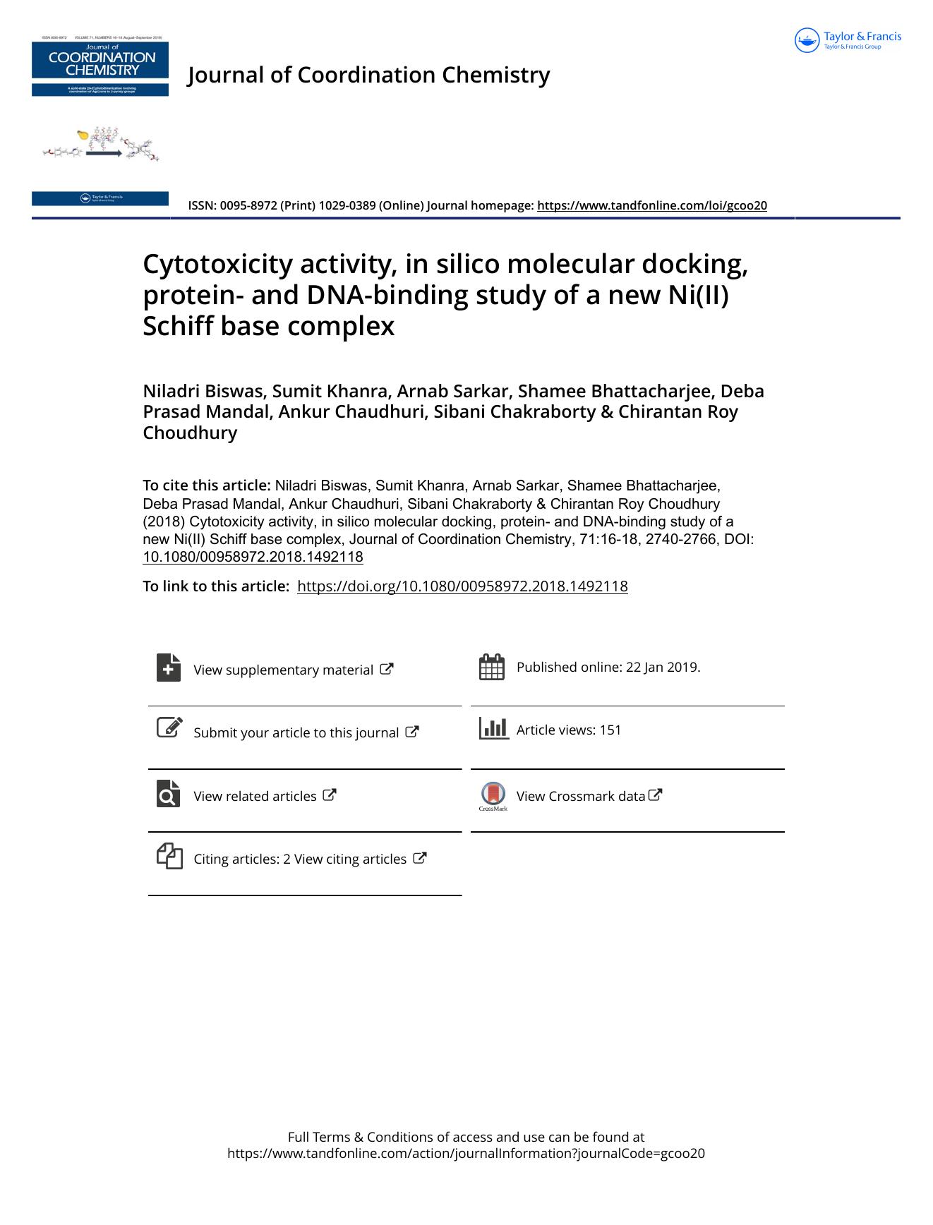 Cytotoxicity activity, in silico molecular docking, protein- and DNA-binding study of a new Ni(II) Schiff base complex by unknow