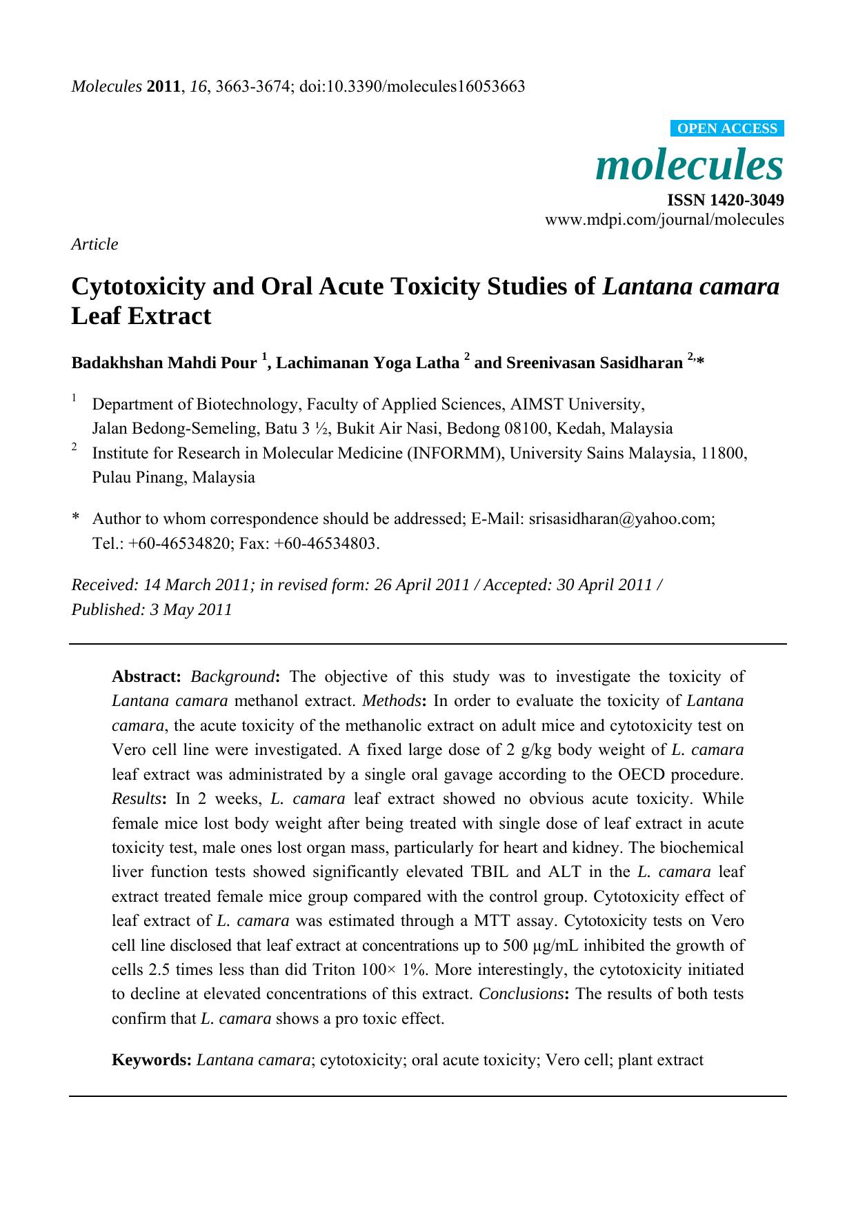 Cytotoxicity and Oral Acute Toxicity Studies of Lantana camara Leaf Extract by Badakhshan Mahdi Pour & Lachimanan Yoga Latha & Sreenivasan Sasidharan