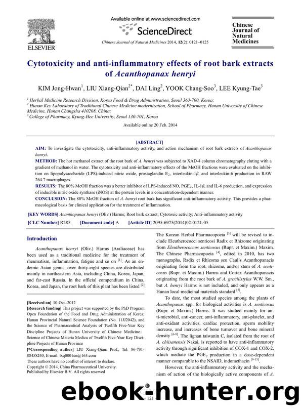 Cytotoxicity and anti-inflammatory effects of root bark extracts of Acanthopanax henryi by Jong-Hwan KIM & Xiang-Qian LIU & Ling DAI & Chang-Soo YOOK & Kyung-Tae LEE