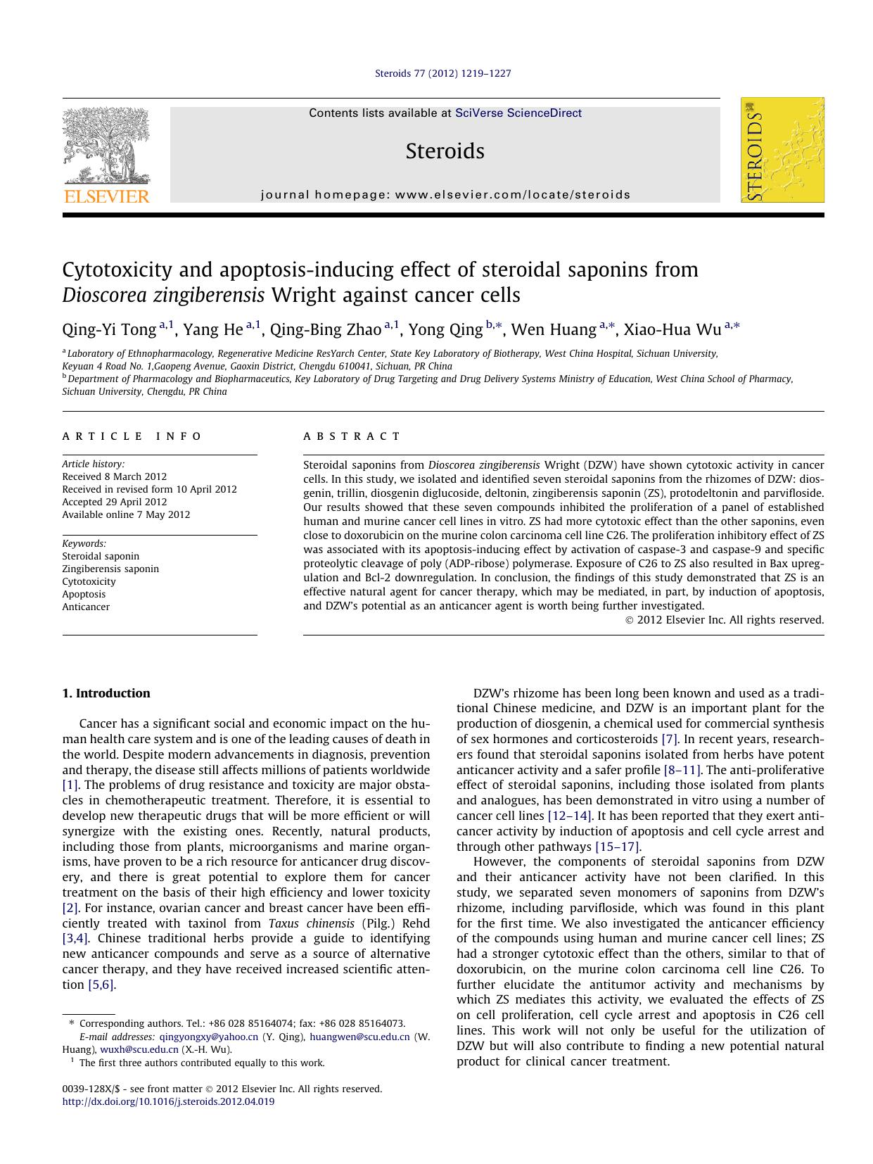 Cytotoxicity and apoptosis-inducing effect of steroidal saponins from Dioscorea zingiberensis Wright against cancer cells by Qing-Yi Tong & Yang He & Qing-Bing Zhao & Yong Qing & Wen Huang & Xiao-Hua Wu