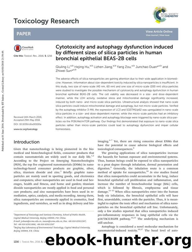 Cytotoxicity and autophagy dysfunction induced by different sizes of silica particles in human bronchial epithelial BEAS-2B cells by Qiuling Li Hejing Hu Lizhen Jiang Yang Zou Junchao Duan Zhiwei Sun