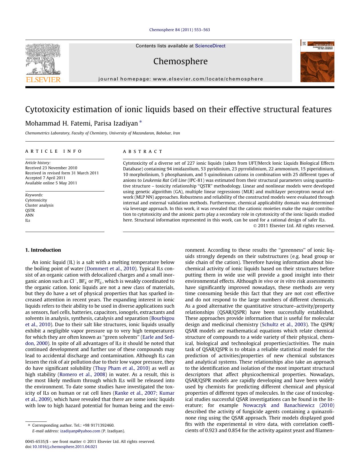 Cytotoxicity estimation of ionic liquids based on their effective structural features by Mohammad H. Fatemi & Parisa Izadiyan