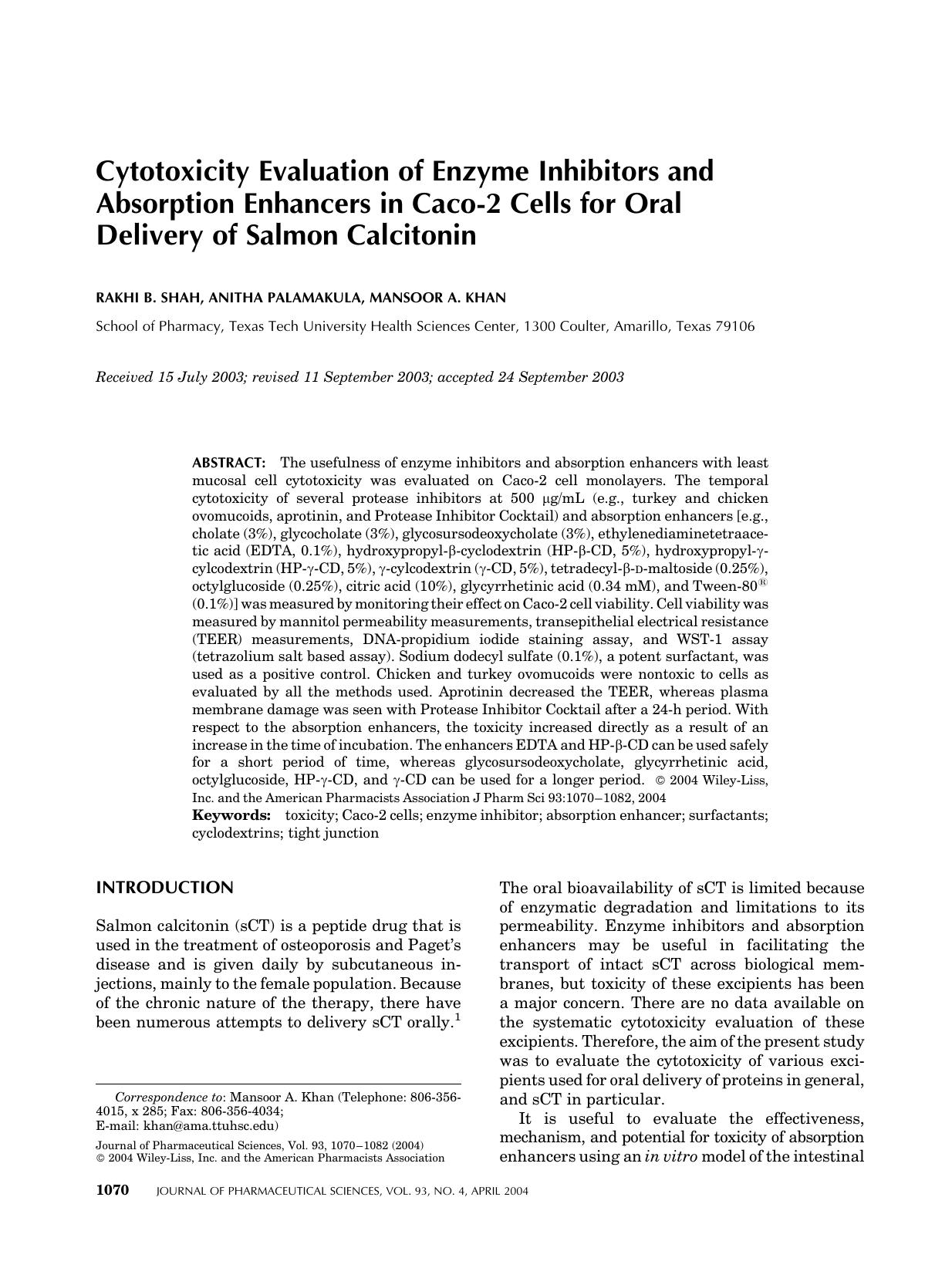 Cytotoxicity evaluation of enzyme inhibitors and absorption enhancers in Caco-2 cells for oral delivery of salmon calcitonin by Unknown
