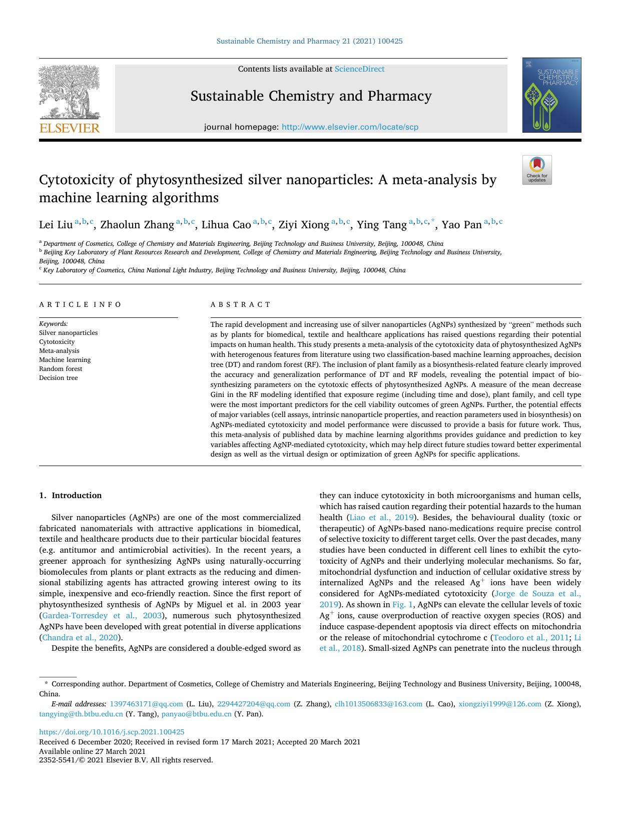 Cytotoxicity of phytosynthesized silver nanoparticles: A meta-analysis by machine learning algorithms by Lei Liu & Zhaolun Zhang & Lihua Cao & Ziyi Xiong & Ying Tang & Yao Pan