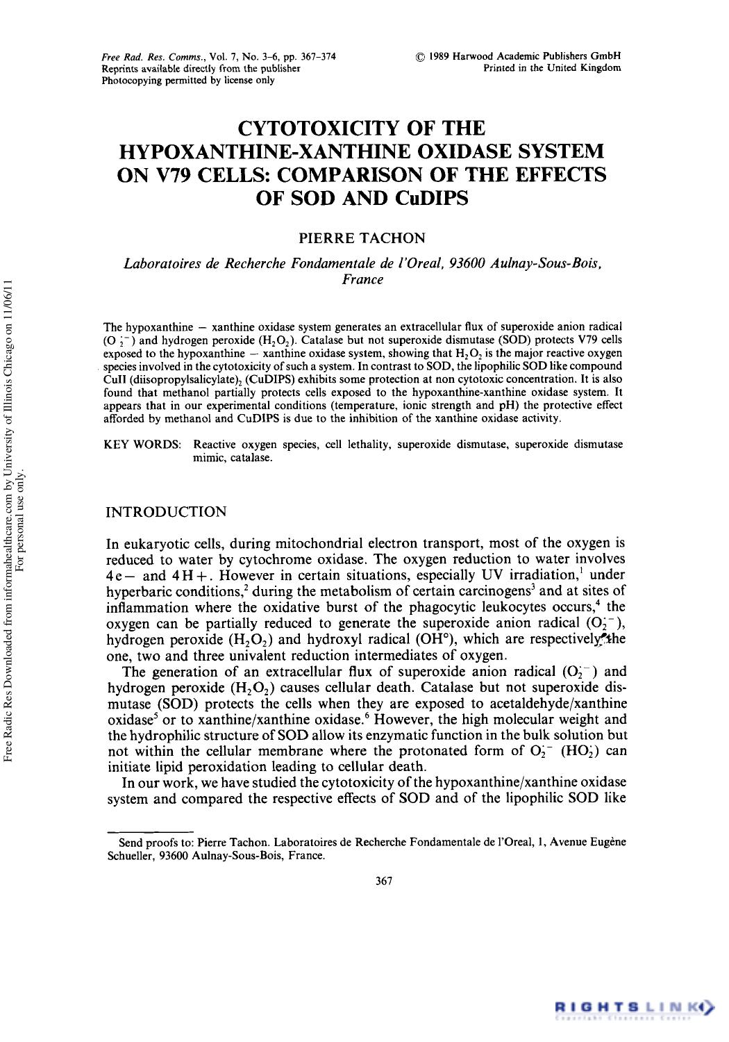 Cytotoxicity of the Hypoxanthine-Xanthine Oxidase System on V79 Cells: Comparison of the Effects of Sod and Cudips by Pierre Tachon