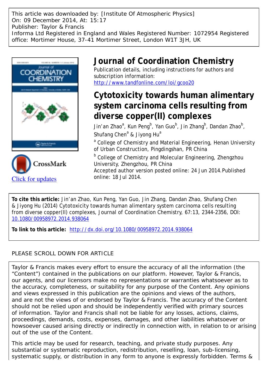 Cytotoxicity towards human alimentary system carcinoma cells resulting from diverse copper(II) complexes by Jin’an Zhao
