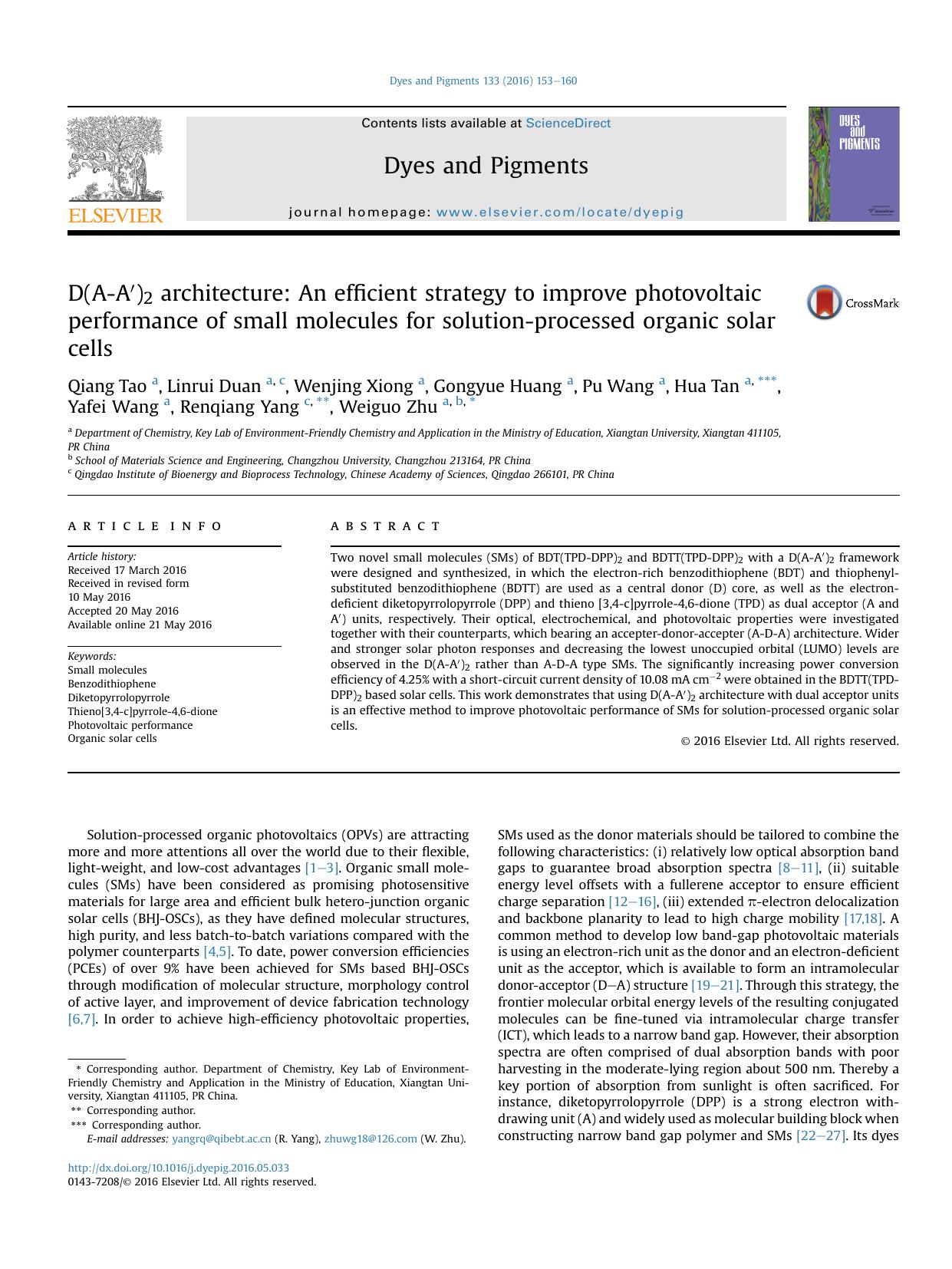 D(A-A′)2 architecture: An efficient strategy to improve photovoltaic performance of small molecules for solution-processed organic solar cells by unknow