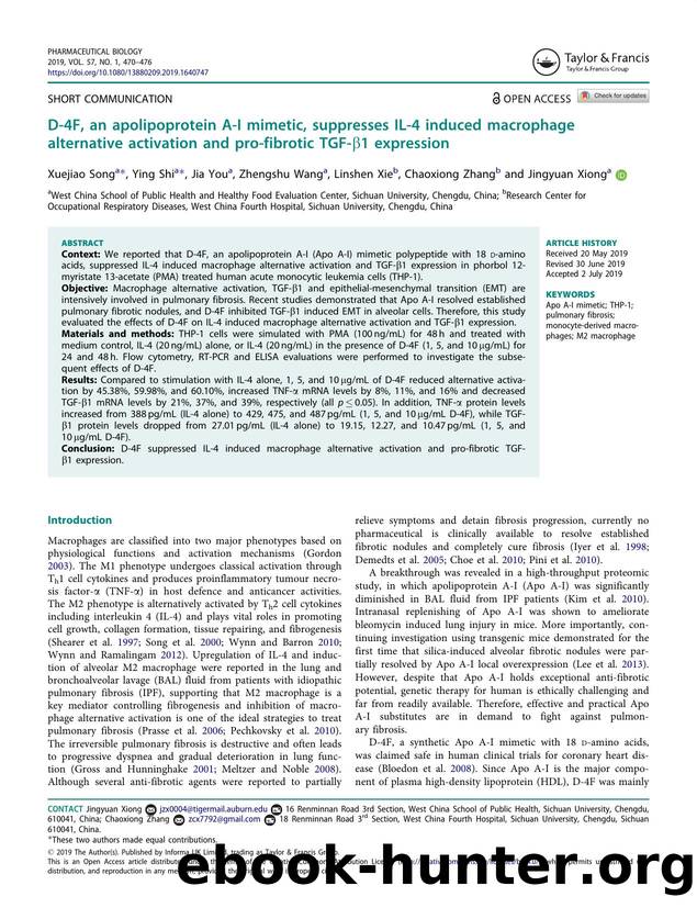D-4F, an apolipoprotein A-I mimetic, suppresses IL-4 induced macrophage alternative activation and pro-fibrotic TGF-Î²1 expression by Song Xuejiao & Shi Ying & You Jia & Wang Zhengshu & Xie Linshen & Zhang Chaoxiong & Xiong Jingyuan
