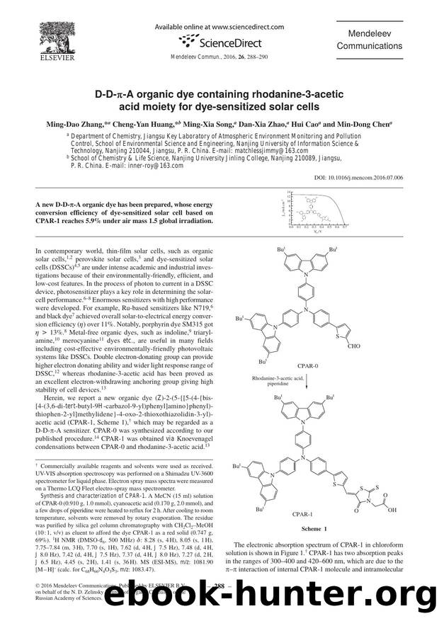 D-D-Ï-A organic dye containing rhodanine-3-acetic acid moiety for dye-sensitized solar cells by Ming-Dao Zhang & Cheng-Yan Huang & Ming-Xia Song & Dan-Xia Zhao & Hui Cao & Min-Dong Chen