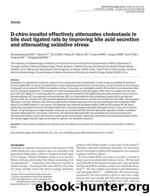 D-chiro-inositol effectively attenuates cholestasis in bile duct ligated rats by improving bile acid secretion and attenuating oxidative stress by unknow