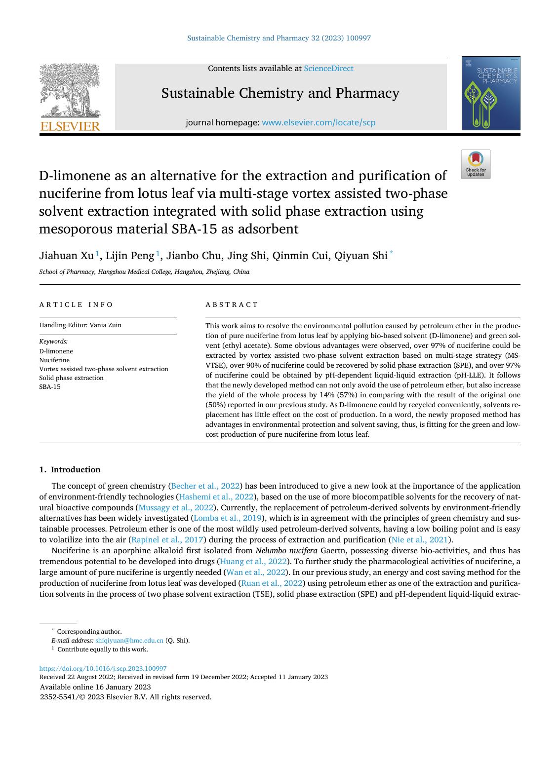 D-limonene as an alternative for the extraction and purification of nuciferine from lotus leaf via multi-stage vortex assisted two-phase solvent extraction integrated with solid ph by Jiahuan Xu & Lijin Peng & Jianbo Chu & Jing Shi & Qinmin Cui & Qiyuan Shi