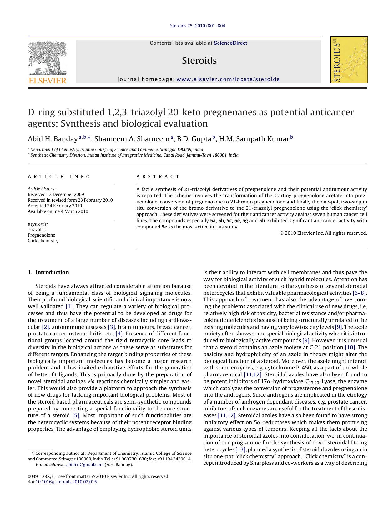D-ring substituted 1,2,3-triazolyl 20-keto pregnenanes as potential anticancer agents: Synthesis and biological evaluation by Abid H. Banday