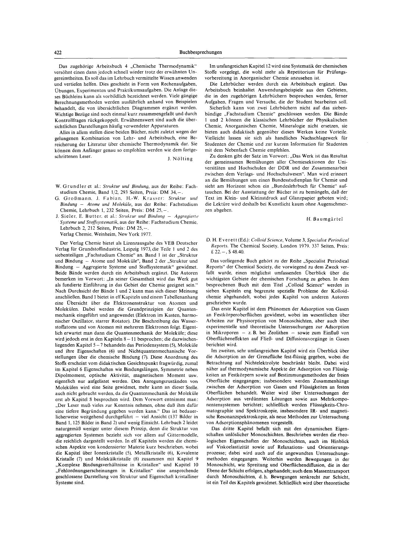 D. H. Everett (Ed.): Colloid Science, Volume 3, Specialist Periodical Reports. The Chemical Society, London 1979. 337 Seiten, Preis: £ 22.-, [dollar] 48.40 by Unknown