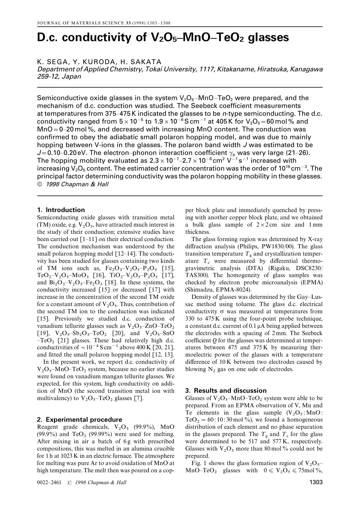 D.c. conductivity of V2O5-MnO-TeO2 glasses by K. SEGA Y. KURODA H. SAKATA