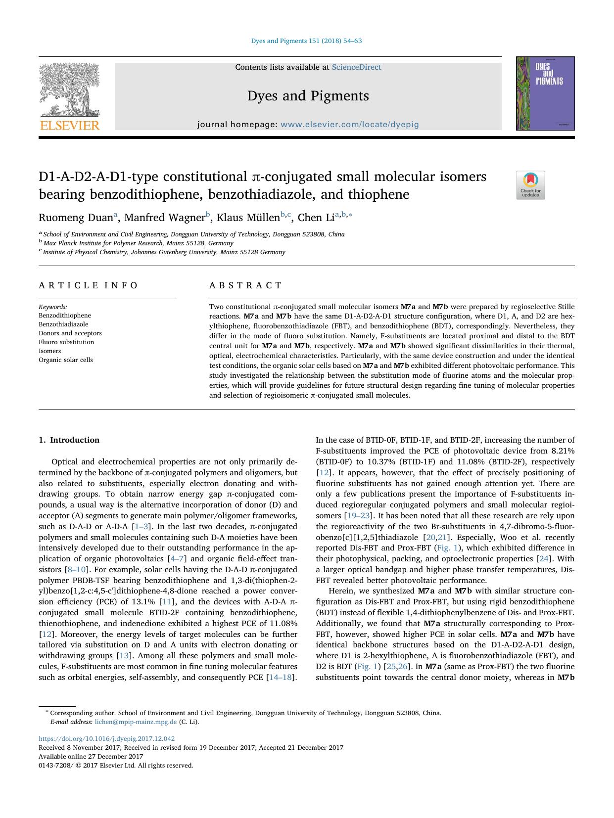 D1-A-D2-A-D1-type constitutional Ï-conjugated small molecular isomers bearing benzodithiophene, benzothiadiazole, and thiophene by Ruomeng Duan & Manfred Wagner & Klaus Müllen & Chen Li